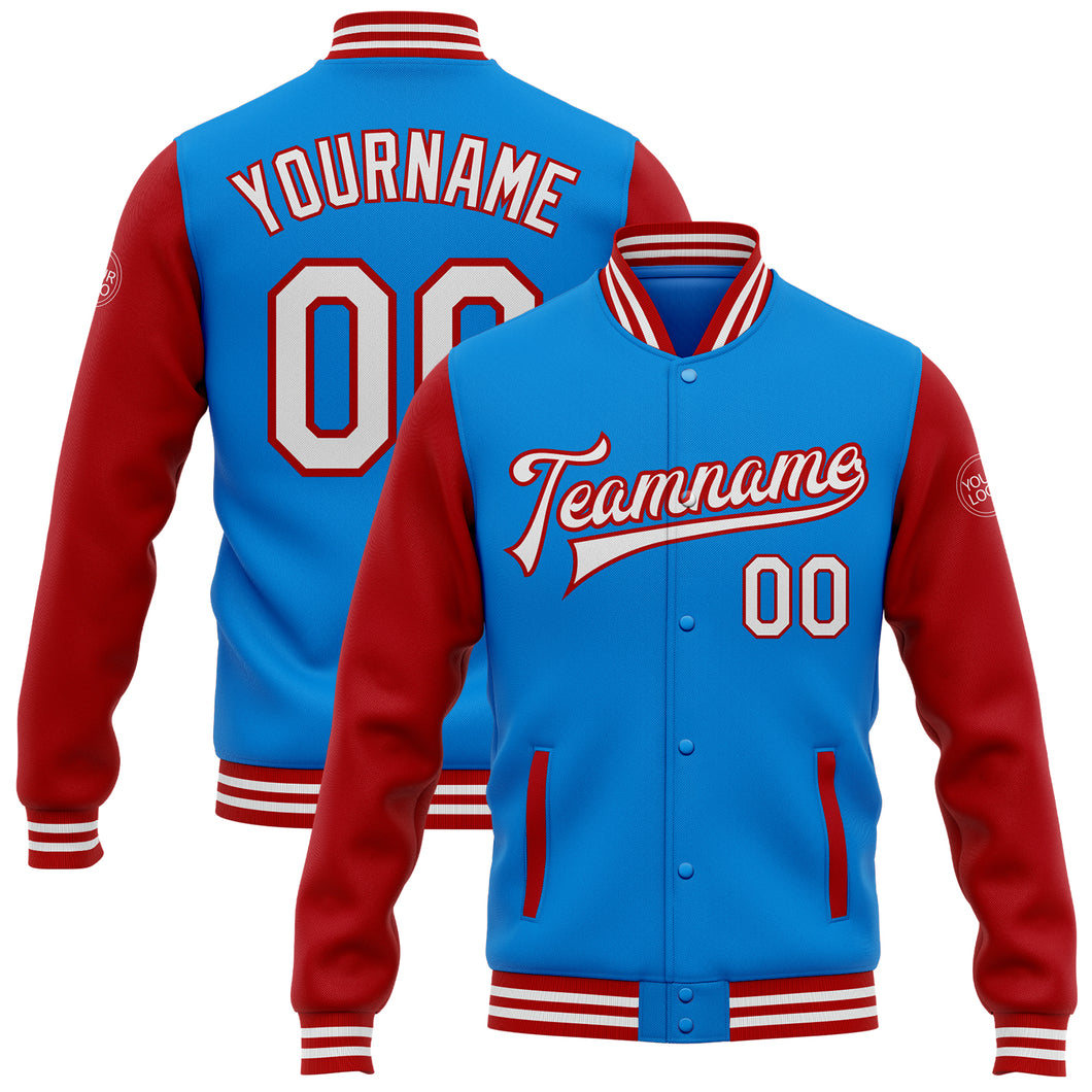 Custom Electric Blue White-Red Bomber Full-Snap Varsity Letterman Two Tone Jacket