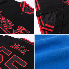 Load image into Gallery viewer, Custom Electric Blue Black-Red Bomber Full-Snap Varsity Letterman Two Tone Jacket
