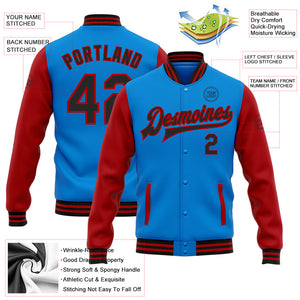 Custom Electric Blue Black-Red Bomber Full-Snap Varsity Letterman Two Tone Jacket