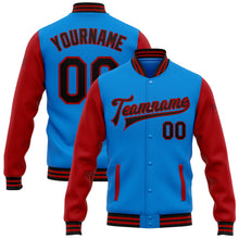 Laden Sie das Bild in den Galerie-Viewer, Custom Powder Blue Black-Red Bomber Full-Snap Varsity Letterman Two Tone Jacket
