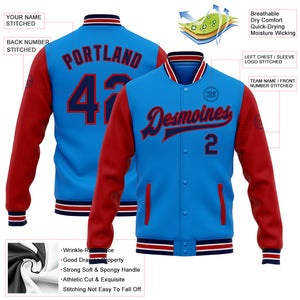 Custom Electric Blue Navy-Red Bomber Full-Snap Varsity Letterman Two Tone Jacket