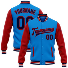 Load image into Gallery viewer, Custom Electric Blue Navy-Red Bomber Full-Snap Varsity Letterman Two Tone Jacket
