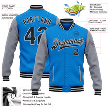 Laden Sie das Bild in den Galerie-Viewer, Custom Powder Blue Black-Gray Bomber Full-Snap Varsity Letterman Two Tone Jacket
