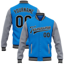 Laden Sie das Bild in den Galerie-Viewer, Custom Powder Blue Black-Gray Bomber Full-Snap Varsity Letterman Two Tone Jacket
