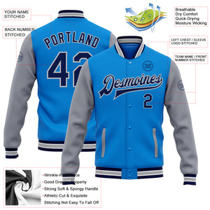 Custom Electric Blue Navy-Gray Bomber Full-Snap Varsity Letterman Two Tone Jacket