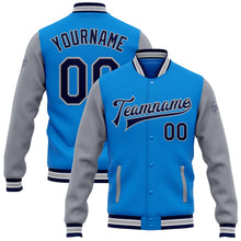 Загрузить изображение в средство просмотра галереи, Custom Powder Blue Navy-Gray Bomber Full-Snap Varsity Letterman Two Tone Jacket
