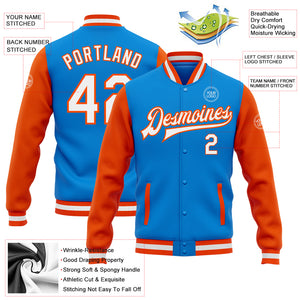 Custom Electric Blue White-Orange Bomber Full-Snap Varsity Letterman Two Tone Jacket