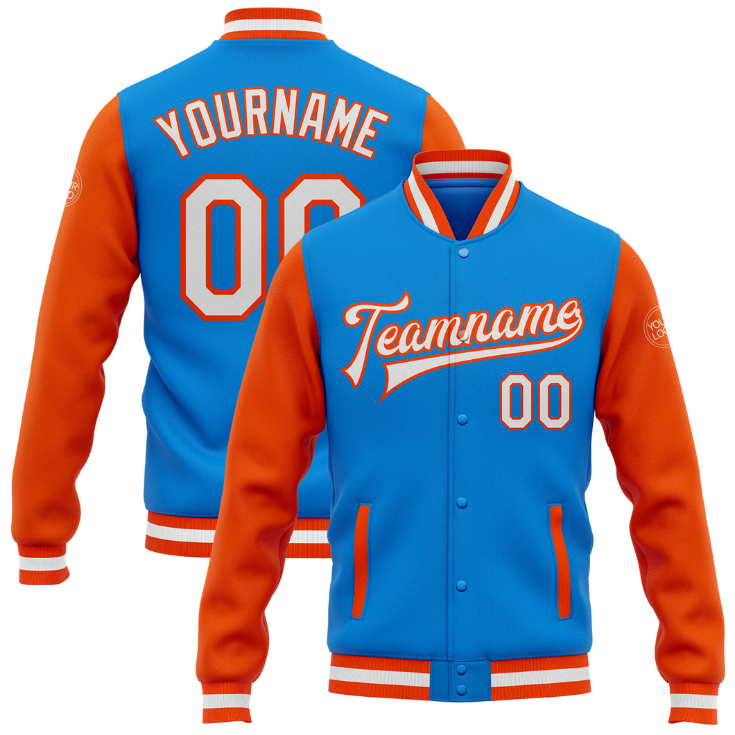 Custom Electric Blue White-Orange Bomber Full-Snap Varsity Letterman Two Tone Jacket