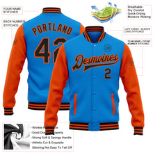 Laden Sie das Bild in den Galerie-Viewer, Custom Powder Blue Black-Orange Bomber Full-Snap Varsity Letterman Two Tone Jacket
