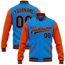 Laden Sie das Bild in den Galerie-Viewer, Custom Powder Blue Black-Orange Bomber Full-Snap Varsity Letterman Two Tone Jacket
