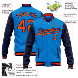 Custom Electric Blue Orange-Navy Bomber Full-Snap Varsity Letterman Two Tone Jacket