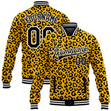 Laden Sie das Bild in den Galerie-Viewer, Custom Gold Black-White Leopard Print 3D Pattern Design Bomber Full-Snap Varsity Letterman Jacket
