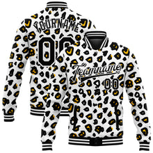 Laden Sie das Bild in den Galerie-Viewer, Custom White Black Leopard Print 3D Pattern Design Bomber Full-Snap Varsity Letterman Jacket
