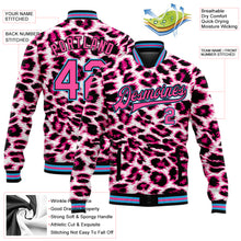 Load image into Gallery viewer, Custom Pink Sky Blue-Black Leopard Print 3D Pattern Design Bomber Full-Snap Varsity Letterman Jacket
