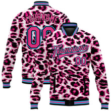 Load image into Gallery viewer, Custom Pink Sky Blue-Black Leopard Print 3D Pattern Design Bomber Full-Snap Varsity Letterman Jacket
