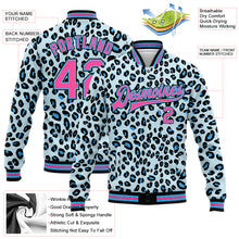 Laden Sie das Bild in den Galerie-Viewer, Custom Sky Blue Pink-Black Leopard Print 3D Pattern Design Bomber Full-Snap Varsity Letterman Jacket
