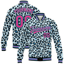 Laden Sie das Bild in den Galerie-Viewer, Custom Sky Blue Pink-Black Leopard Print 3D Pattern Design Bomber Full-Snap Varsity Letterman Jacket

