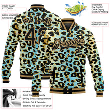 Laden Sie das Bild in den Galerie-Viewer, Custom Sky Blue Black-Old Gold Leopard Print 3D Pattern Design Bomber Full-Snap Varsity Letterman Jacket
