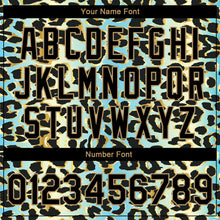 Laden Sie das Bild in den Galerie-Viewer, Custom Sky Blue Black-Old Gold Leopard Print 3D Pattern Design Bomber Full-Snap Varsity Letterman Jacket
