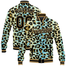 Laden Sie das Bild in den Galerie-Viewer, Custom Sky Blue Black-Old Gold Leopard Print 3D Pattern Design Bomber Full-Snap Varsity Letterman Jacket
