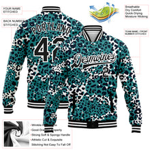 Laden Sie das Bild in den Galerie-Viewer, Custom Teal Black-White Leopard Print 3D Pattern Design Bomber Full-Snap Varsity Letterman Jacket
