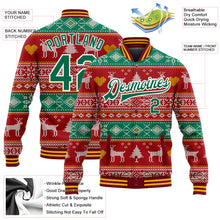 Laden Sie das Bild in den Galerie-Viewer, Custom Red Kelly Green-White Christmas Reindeers 3D Bomber Full-Snap Varsity Letterman Jacket
