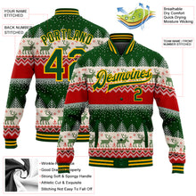 Load image into Gallery viewer, Custom Green Gold Christmas Reindeers 3D Bomber Full-Snap Varsity Letterman Jacket
