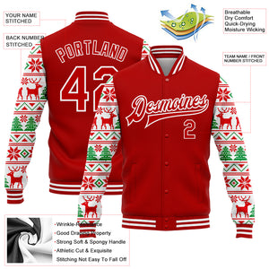 Custom Red White Christmas 3D Bomber Full-Snap Varsity Letterman Jacket