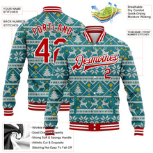 Load image into Gallery viewer, Custom Teal Red-White Christmas 3D Bomber Full-Snap Varsity Letterman Jacket
