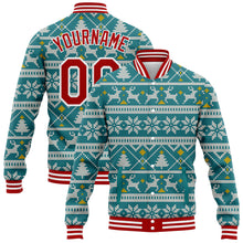 Load image into Gallery viewer, Custom Teal Red-White Christmas 3D Bomber Full-Snap Varsity Letterman Jacket
