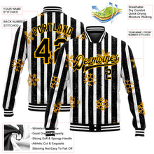 Load image into Gallery viewer, Custom Black Gold-White Christmas Gold Snowflakes 3D Bomber Full-Snap Varsity Letterman Jacket
