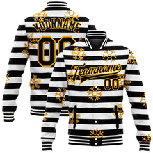 Load image into Gallery viewer, Custom Black Gold-White Christmas Gold Snowflakes 3D Bomber Full-Snap Varsity Letterman Jacket
