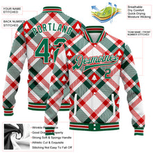 Load image into Gallery viewer, Custom White Kelly Green-Red Christmas Tree 3D Bomber Full-Snap Varsity Letterman Jacket
