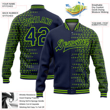 Load image into Gallery viewer, Custom Navy Neon Green Halftone 3D Pattern Design Bomber Full-Snap Varsity Letterman Jacket
