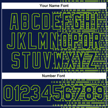 Load image into Gallery viewer, Custom Navy Neon Green Halftone 3D Pattern Design Bomber Full-Snap Varsity Letterman Jacket
