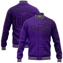 Laden Sie das Bild in den Galerie-Viewer, Custom Purple Black-White Halftone 3D Pattern Design Bomber Full-Snap Varsity Letterman Jacket
