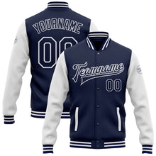 Laden Sie das Bild in den Galerie-Viewer, Custom Navy White Bomber Full-Snap Varsity Letterman Two Tone Jacket
