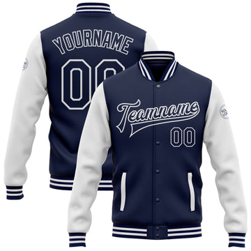 Custom Navy White Bomber Full-Snap Varsity Letterman Two Tone Jacket