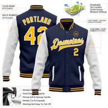 Laden Sie das Bild in den Galerie-Viewer, Custom Navy Gold-White Bomber Full-Snap Varsity Letterman Two Tone Jacket
