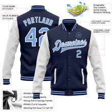 Laden Sie das Bild in den Galerie-Viewer, Custom Navy Light Blue-White Bomber Full-Snap Varsity Letterman Two Tone Jacket
