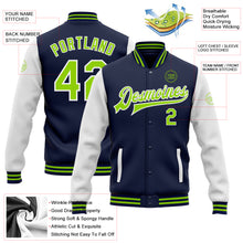 Laden Sie das Bild in den Galerie-Viewer, Custom Navy Neon Green-White Bomber Full-Snap Varsity Letterman Two Tone Jacket
