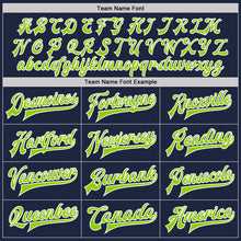 Load image into Gallery viewer, Custom Navy Neon Green-White Bomber Full-Snap Varsity Letterman Two Tone Jacket
