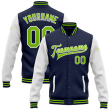 Laden Sie das Bild in den Galerie-Viewer, Custom Navy Neon Green-White Bomber Full-Snap Varsity Letterman Two Tone Jacket
