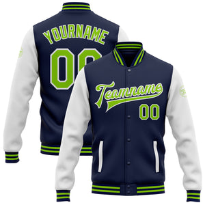 Custom Navy Neon Green-White Bomber Full-Snap Varsity Letterman Two Tone Jacket