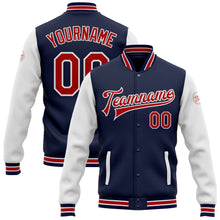 Laden Sie das Bild in den Galerie-Viewer, Custom Navy Red-White Bomber Full-Snap Varsity Letterman Two Tone Jacket
