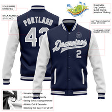 Laden Sie das Bild in den Galerie-Viewer, Custom Navy Gray-White Bomber Full-Snap Varsity Letterman Two Tone Jacket
