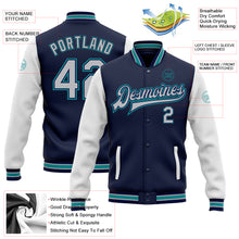 Laden Sie das Bild in den Galerie-Viewer, Custom Navy Gray White-Teal Bomber Full-Snap Varsity Letterman Two Tone Jacket
