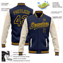 Laden Sie das Bild in den Galerie-Viewer, Custom Navy Cream-Gold Bomber Full-Snap Varsity Letterman Two Tone Jacket
