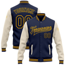 Laden Sie das Bild in den Galerie-Viewer, Custom Navy Cream-Gold Bomber Full-Snap Varsity Letterman Two Tone Jacket
