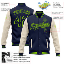 Laden Sie das Bild in den Galerie-Viewer, Custom Navy Cream-Neon Green Bomber Full-Snap Varsity Letterman Two Tone Jacket
